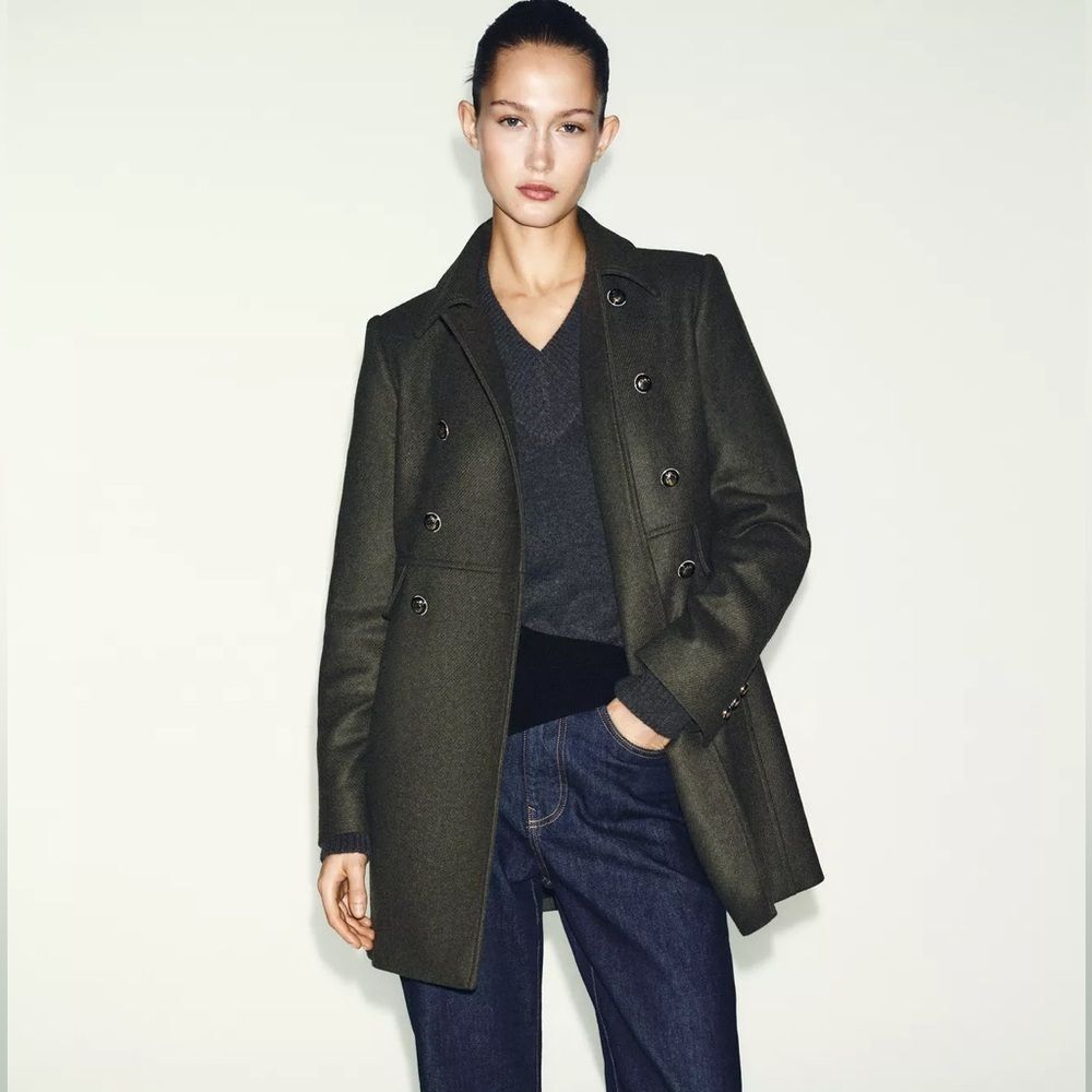 ZARA DOUBLE BREASTED KHAKI WOOL BLEND COAT - Picture 2 of 13